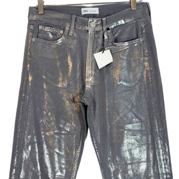Zara Metallic Silver Straight Leg Jeans Size 4 - Picture 8 of 13
